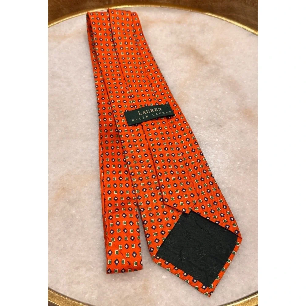 Lauren Ralph Lauren Mens Orange Geometric Silk Tie Hand Finished Made in USA